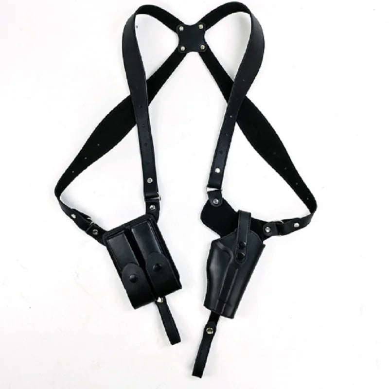Leather Vertical Gun Holster With Double Mag Pouch Concealed
