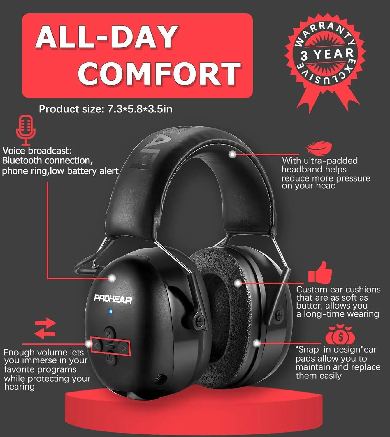 PROHEAR Bluetooth 5.3 Headphones With Hearing Protection And Noise Reduction