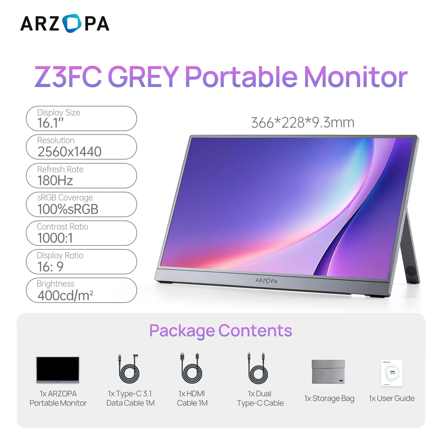 Arzopa Portable Monitor 2.5K 180Hz HDR IPS Second Screen
