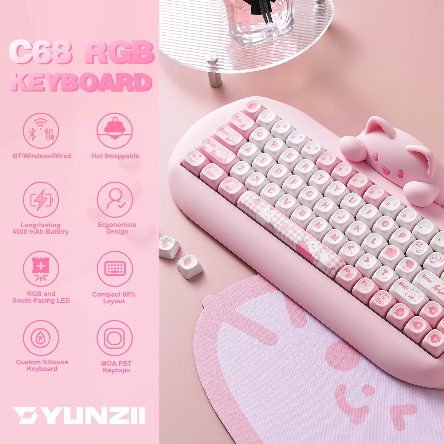 YUNZII C68 Wireless Gaming Keyboard HiFi RGB Mechanical Keyboard