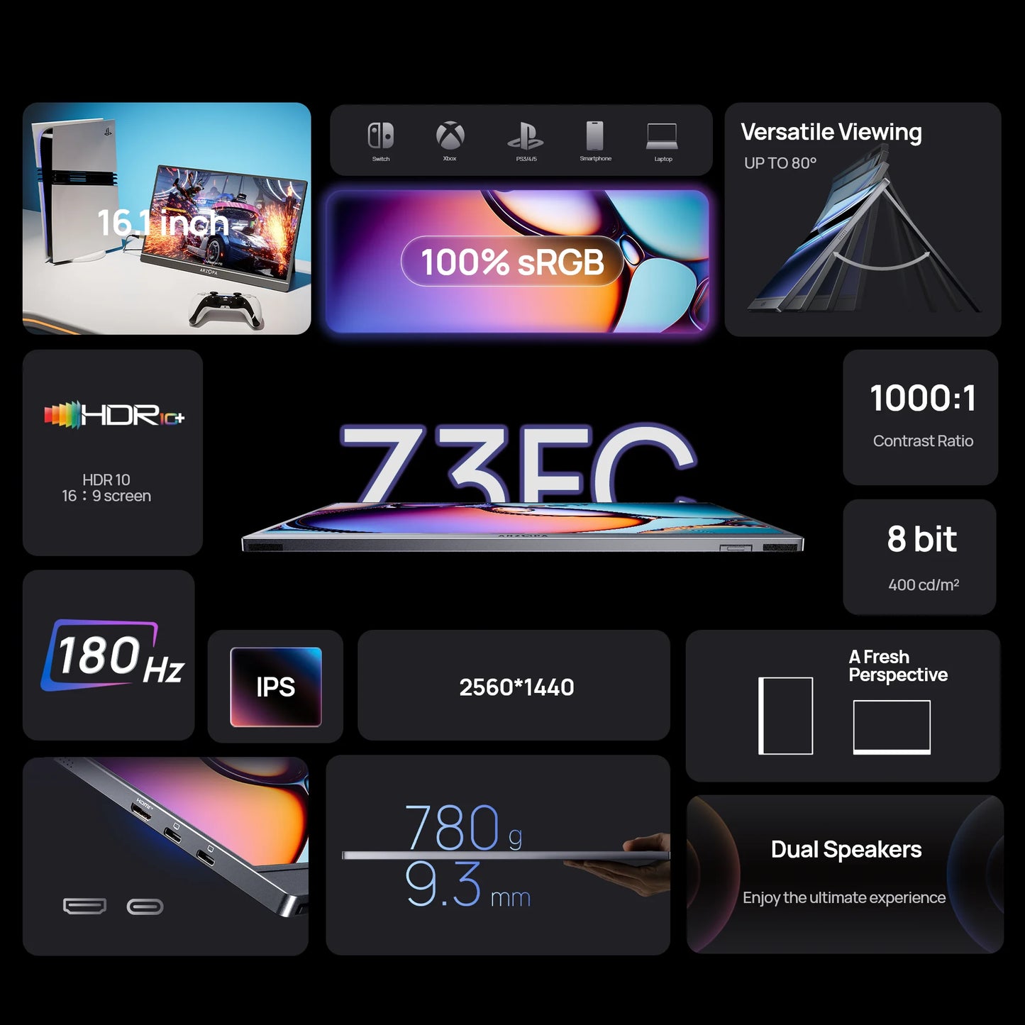 Arzopa Portable Monitor 2.5K 180Hz HDR IPS Second Screen