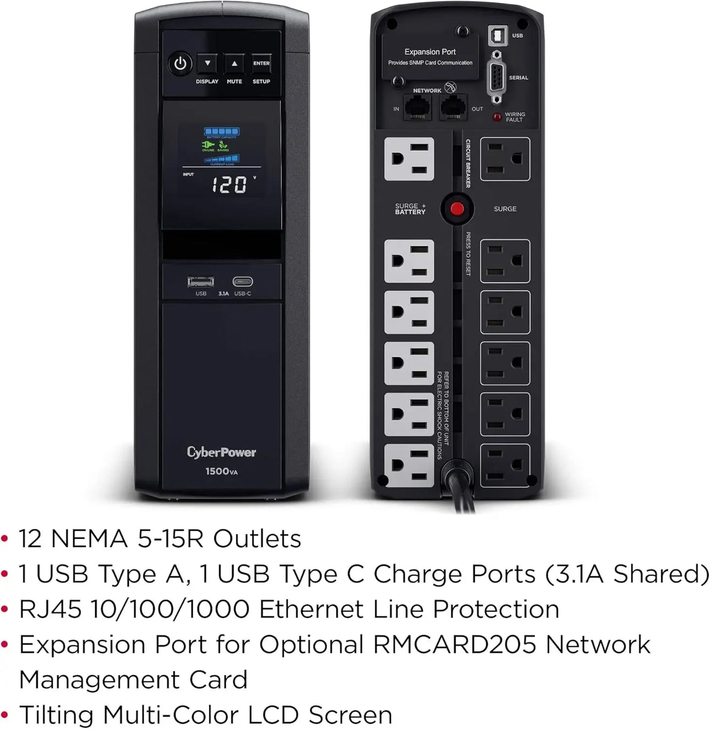 CP1500PFCLCD PFC Sinewave UPS System 1500VA 1000W 12Outlets Mini Tower