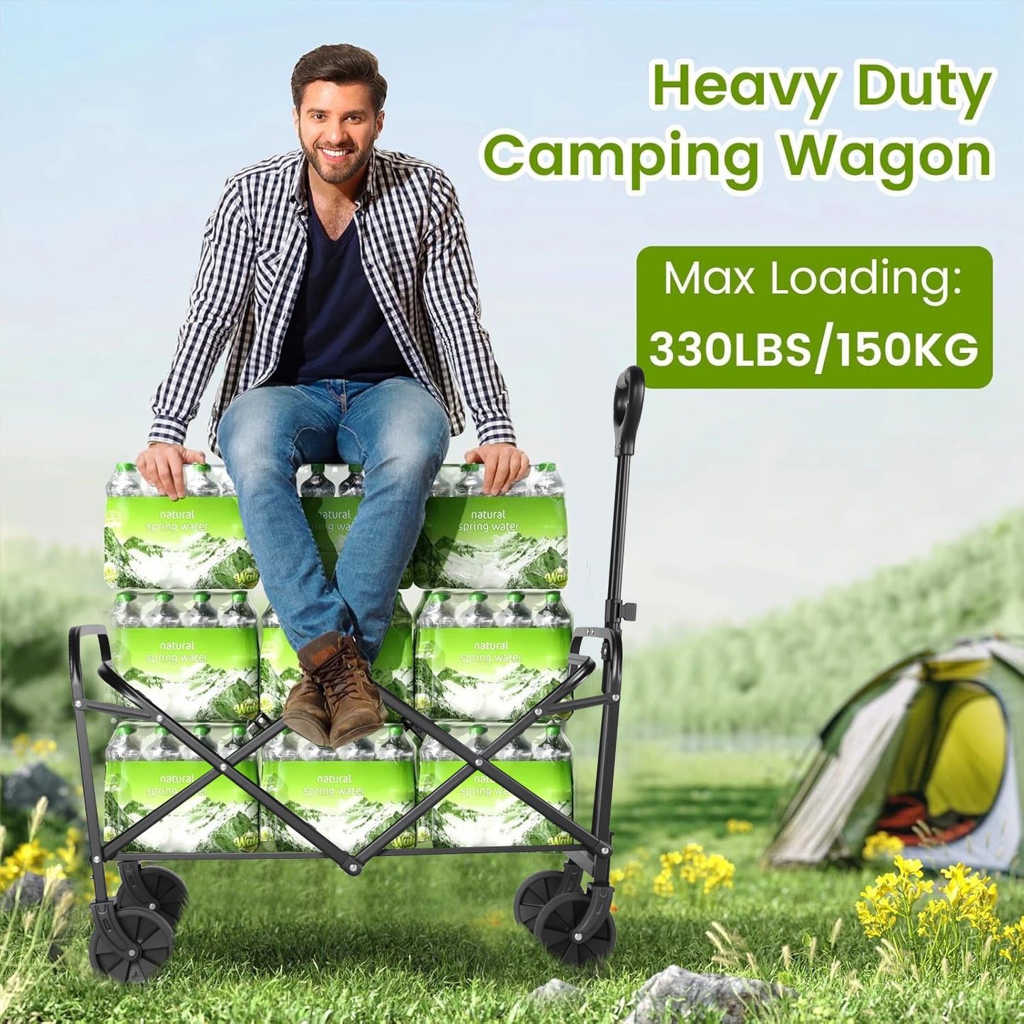 Heavy Duty Foldable Wagon Cart With All-Terrain Wheels Drink Holders