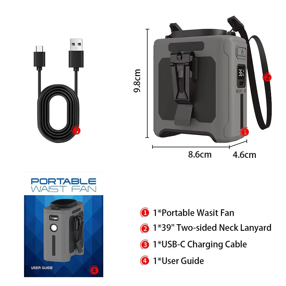 Portable 10000mAh Waist Clip Fan USB Rechargeable For Outdoors