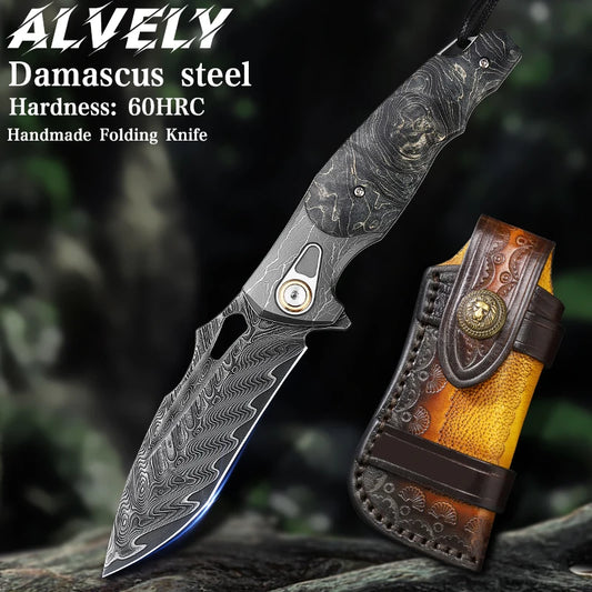 ALVELYDIY Damascus Steel Folding Knife For EDC Camping And Hunting