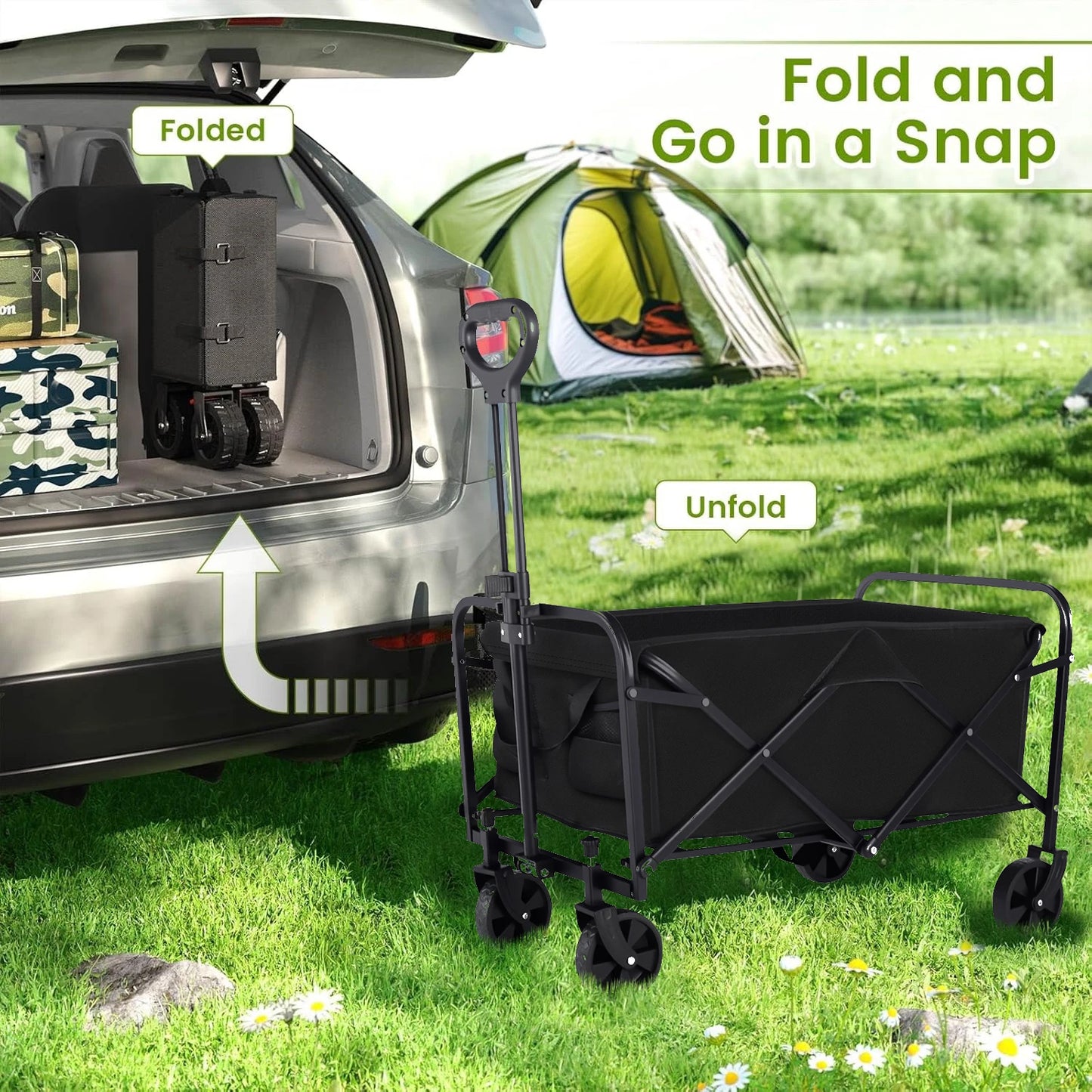 Heavy Duty Foldable Wagon Cart With All-Terrain Wheels Drink Holders