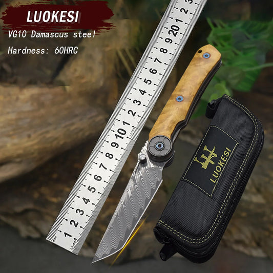 NONEDIY VG10 Damascus Folding Knife With Camphor Wood Handle