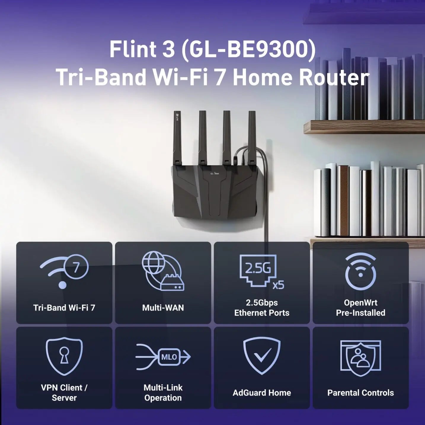 GL.iNet GL-BE9300 Flint 3 Tri-Band WiFi 7 Router High Speed Gaming Long Range 5x 2.5G VPN Compatible with Fiber Optic Modem