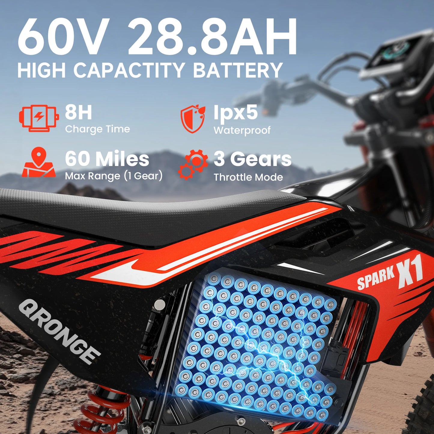 QRONGE X1 Spark Electric Dirt Bike 4500W Peak Up To 60 Miles 60V 28.8Ah Battery