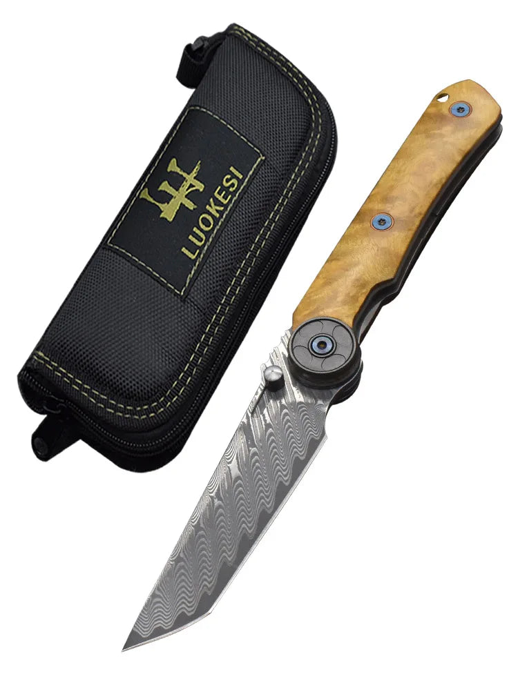 NONEDIY VG10 Damascus Folding Knife With Camphor Wood Handle