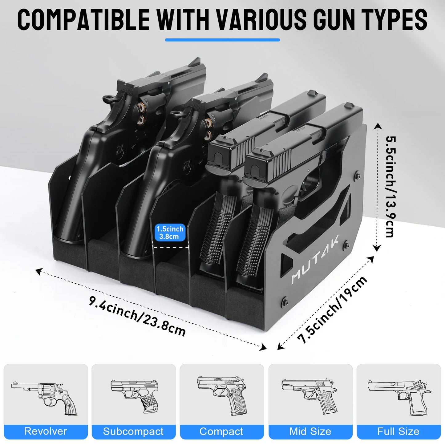 Foam Pistol Rack For Gun Safe With Anti-Slip Magnetic Strip