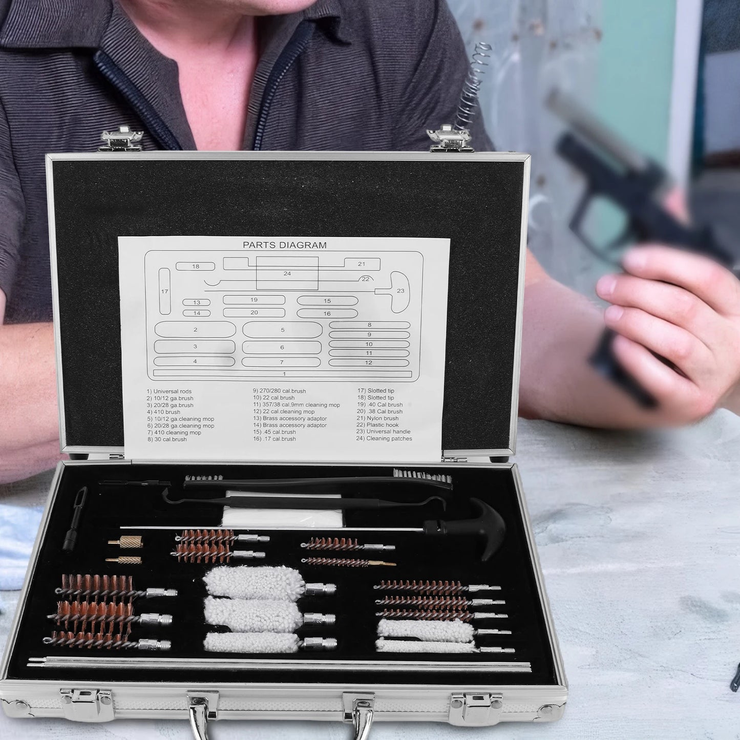 Gun Cleaning Kit With Copper Barrel Brushes And Tools