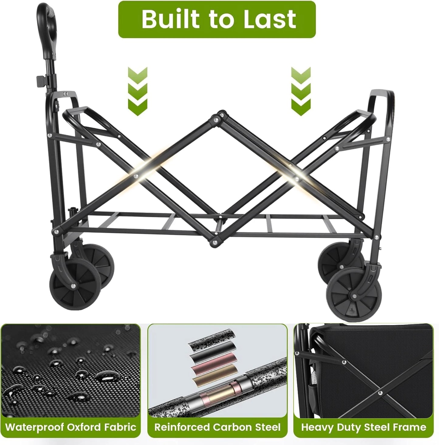 Heavy Duty Foldable Wagon Cart With All-Terrain Wheels Drink Holders