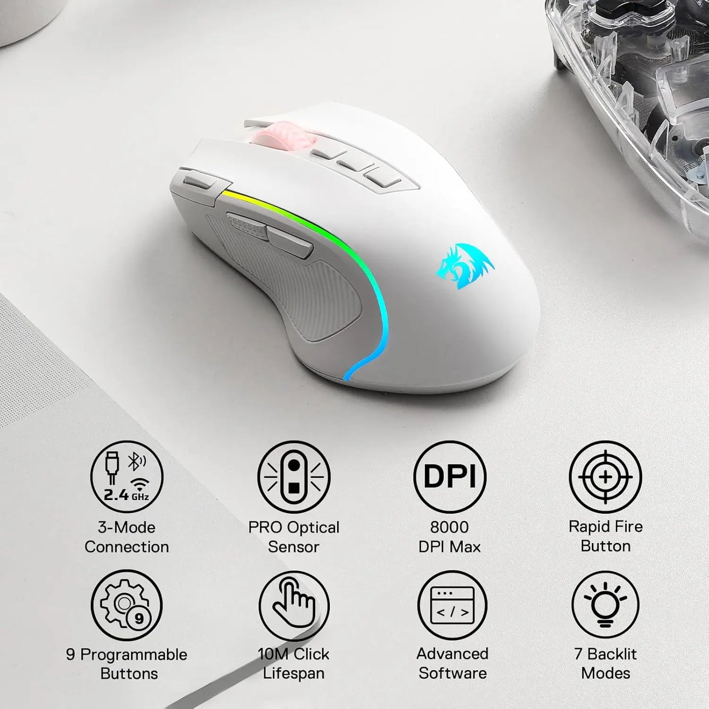 Redragon M612 Pro RGB Wireless Gaming Mouse, 8000 DPI