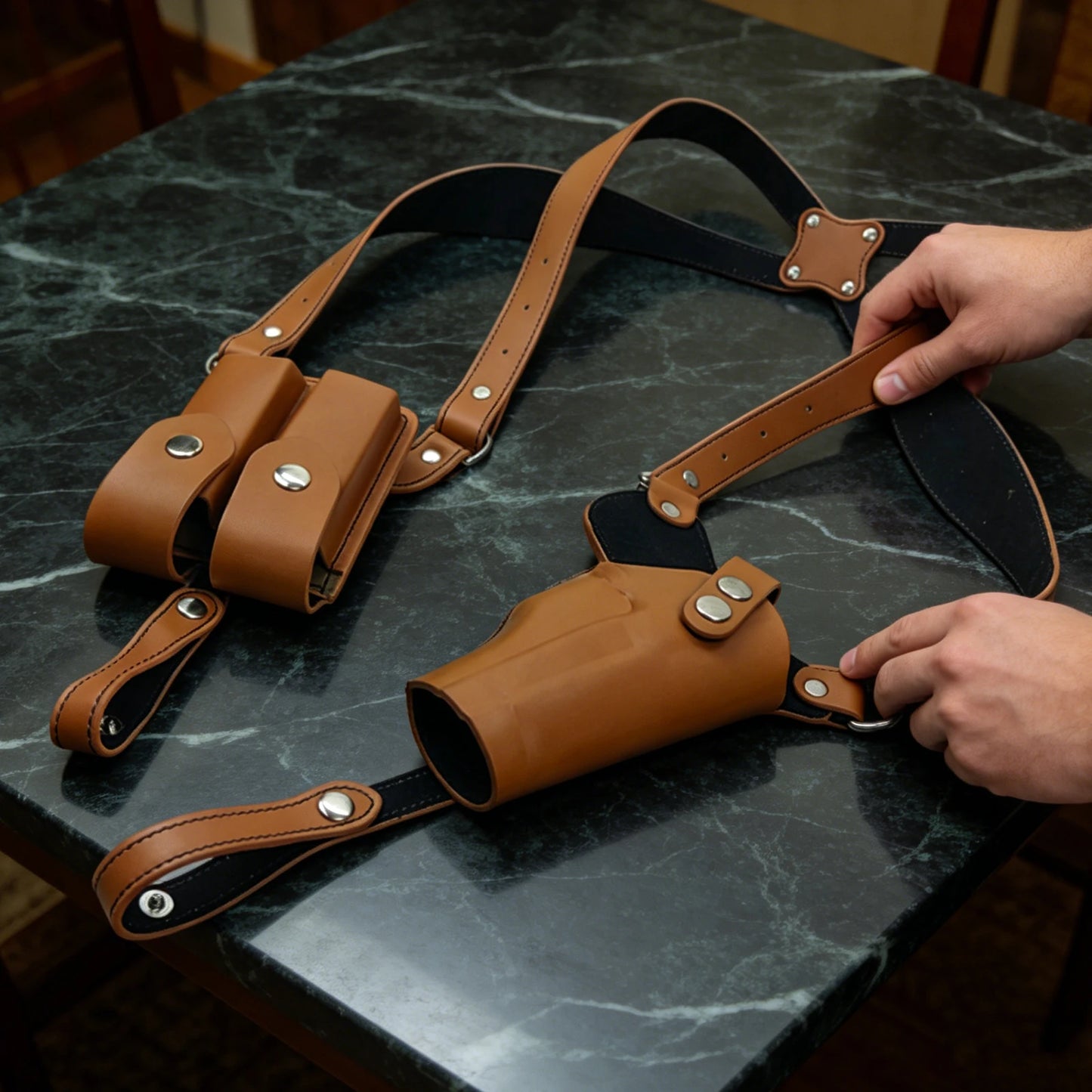 Leather Vertical Gun Holster With Double Mag Pouch Concealed