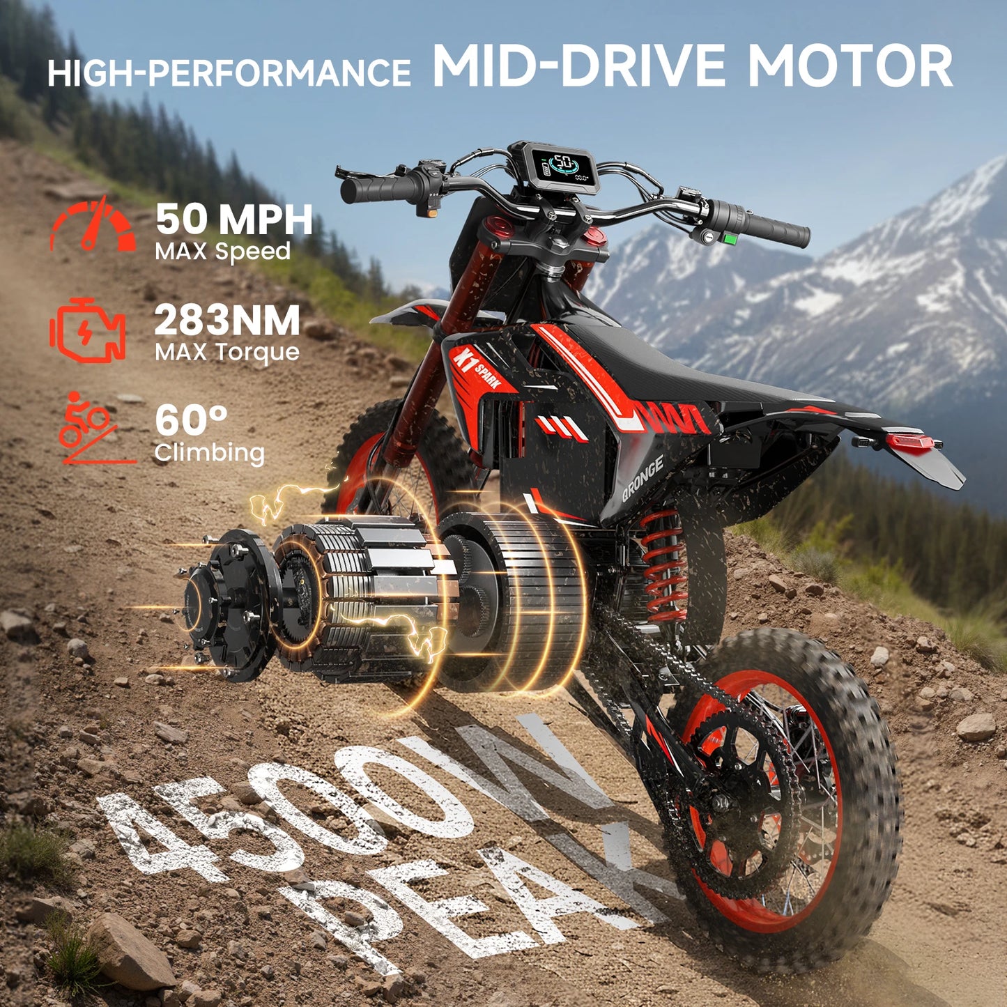 QRONGE X1 Spark Electric Dirt Bike 4500W Peak Up To 60 Miles 60V 28.8Ah Battery