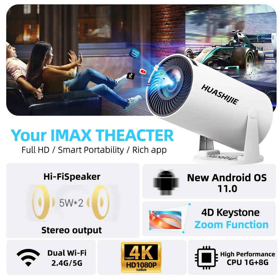 Smart HD WiFi Projector 1080P Native, 4K Android Home Theater