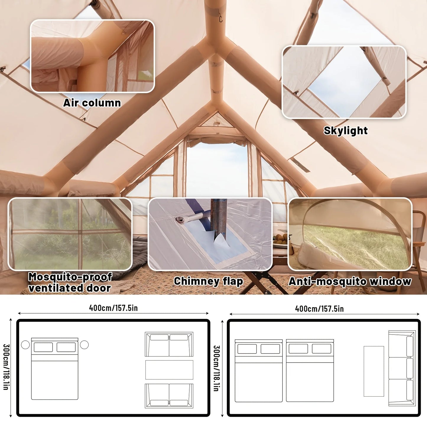 Large Inflatable Camping Tent With Skylight And Breathable Mesh Design