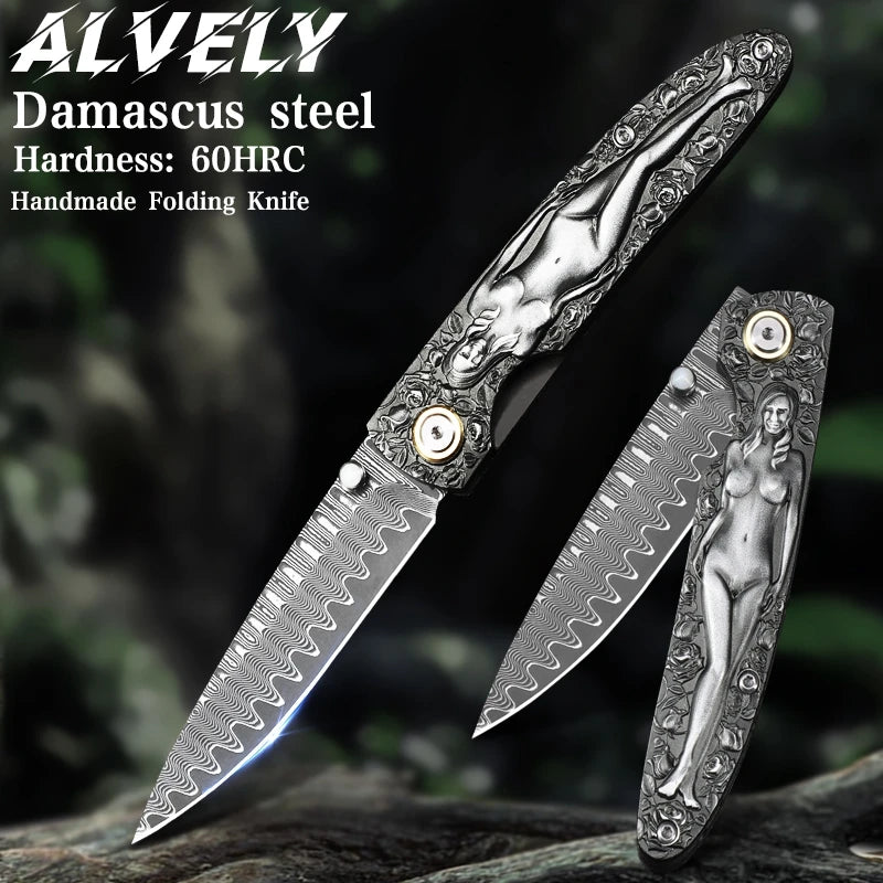 ALVELYDIY Damascus Steel Folding Knife EDC Pocket Utility