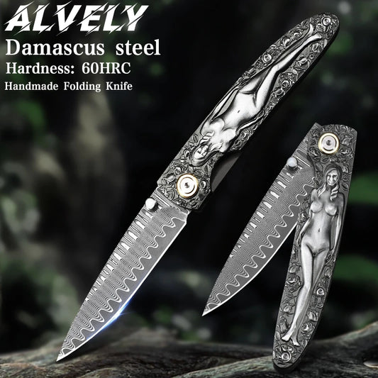 ALVELYDIY Damascus Steel Folding Knife EDC Pocket Utility
