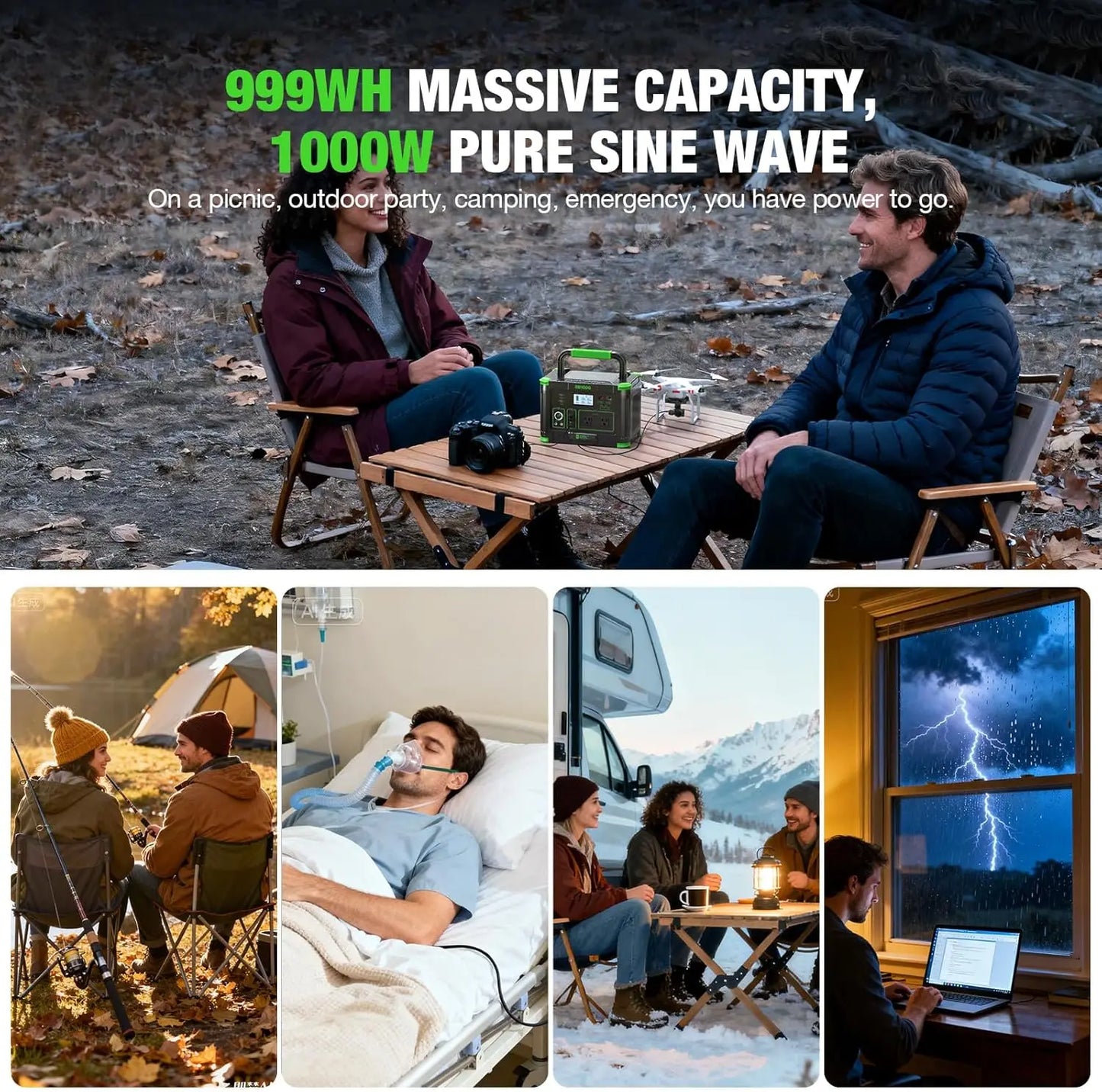 Portable Power Station 999Wh 1000W for Camping and Outdoors