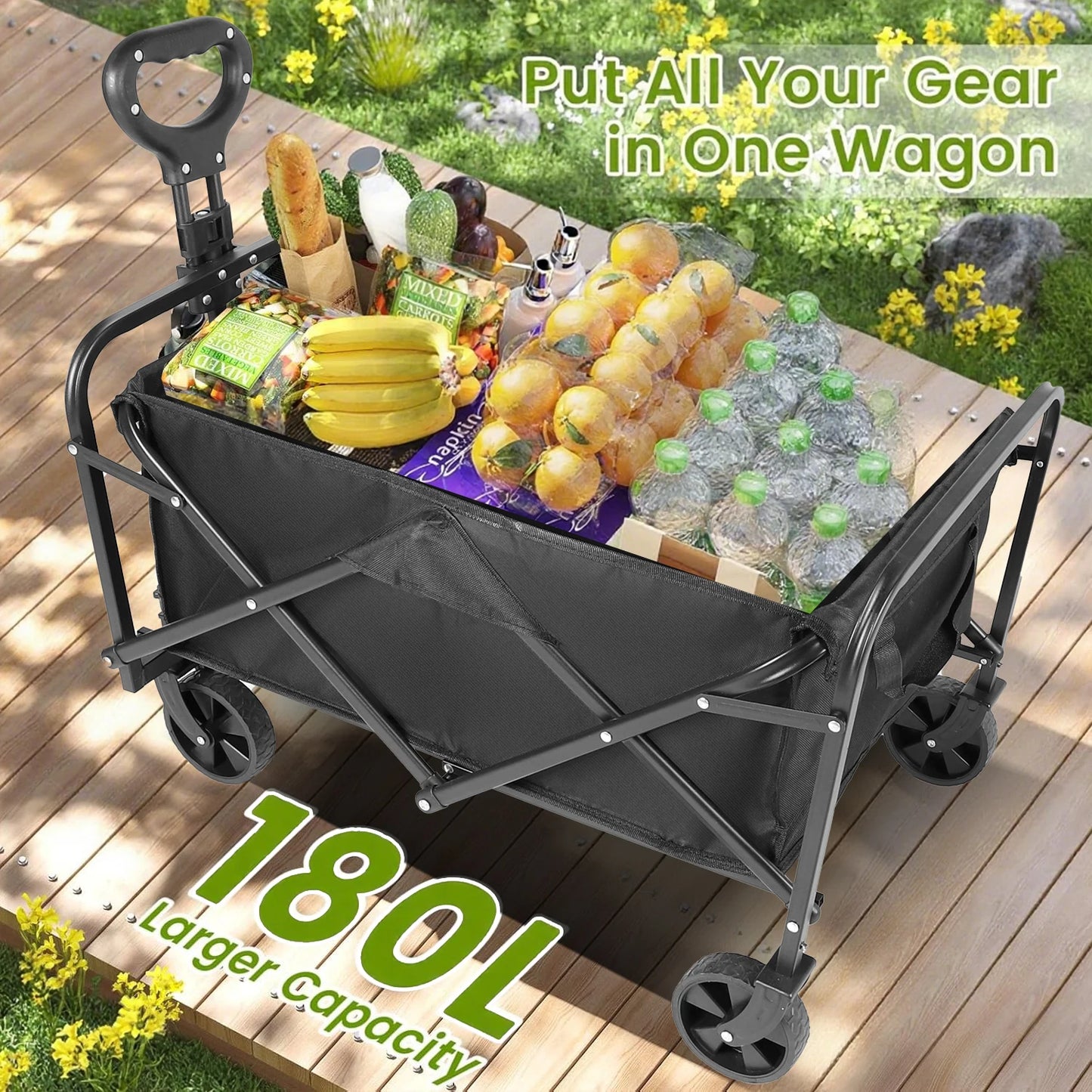 Heavy Duty Foldable Wagon Cart With All-Terrain Wheels Drink Holders