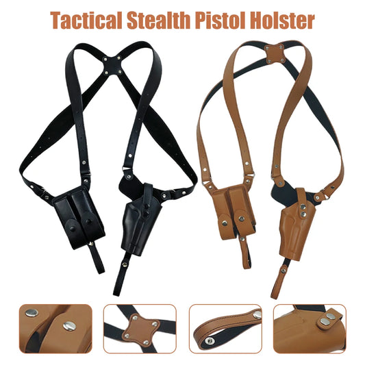 Leather Vertical Gun Holster With Double Mag Pouch Concealed