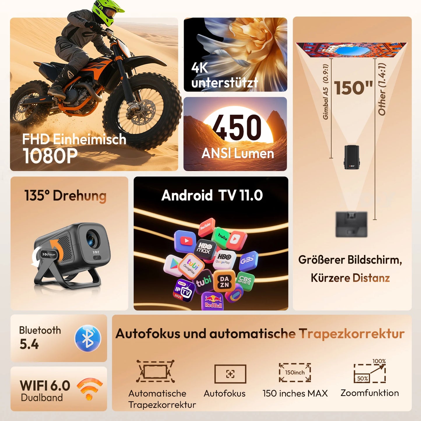 XGODY 4K Projector Android 11 Auto Focus Wireless Bluetooth